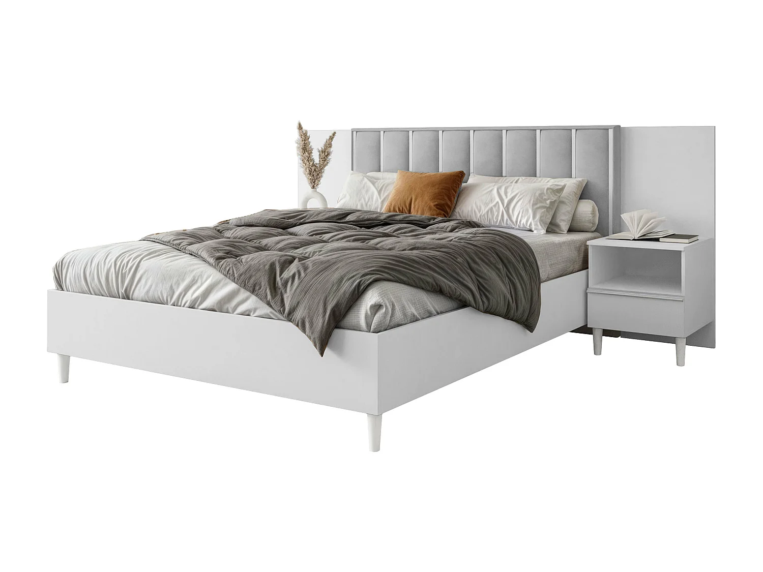 Doppelbett Luk I 160 x 200 cm ohne Matratze Bett mit Lattenrost Jugendbett Kopfteil mit Bettkasten ohne Nachttisch (weiß, Jasmine 90 - grau)