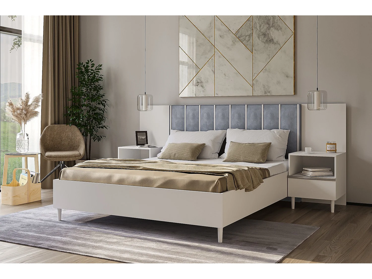 Doppelbett Luk I 160 x 200 cm ohne Matratze Bett mit Lattenrost Jugendbett Kopfteil mit Bettkasten ohne Nachttisch (weiß, Jasmine 90 - grau)