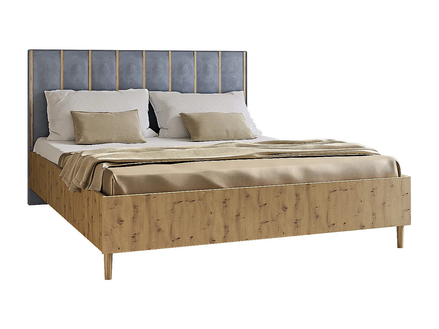 Doppelbett Luk I 160 x 200 cm ohne Matratze Bett mit Lattenrost Jugendbett Kopfteil mit Bettkasten ohne Nachttisch (Eiche artisan, Jasmine 90 - grau)