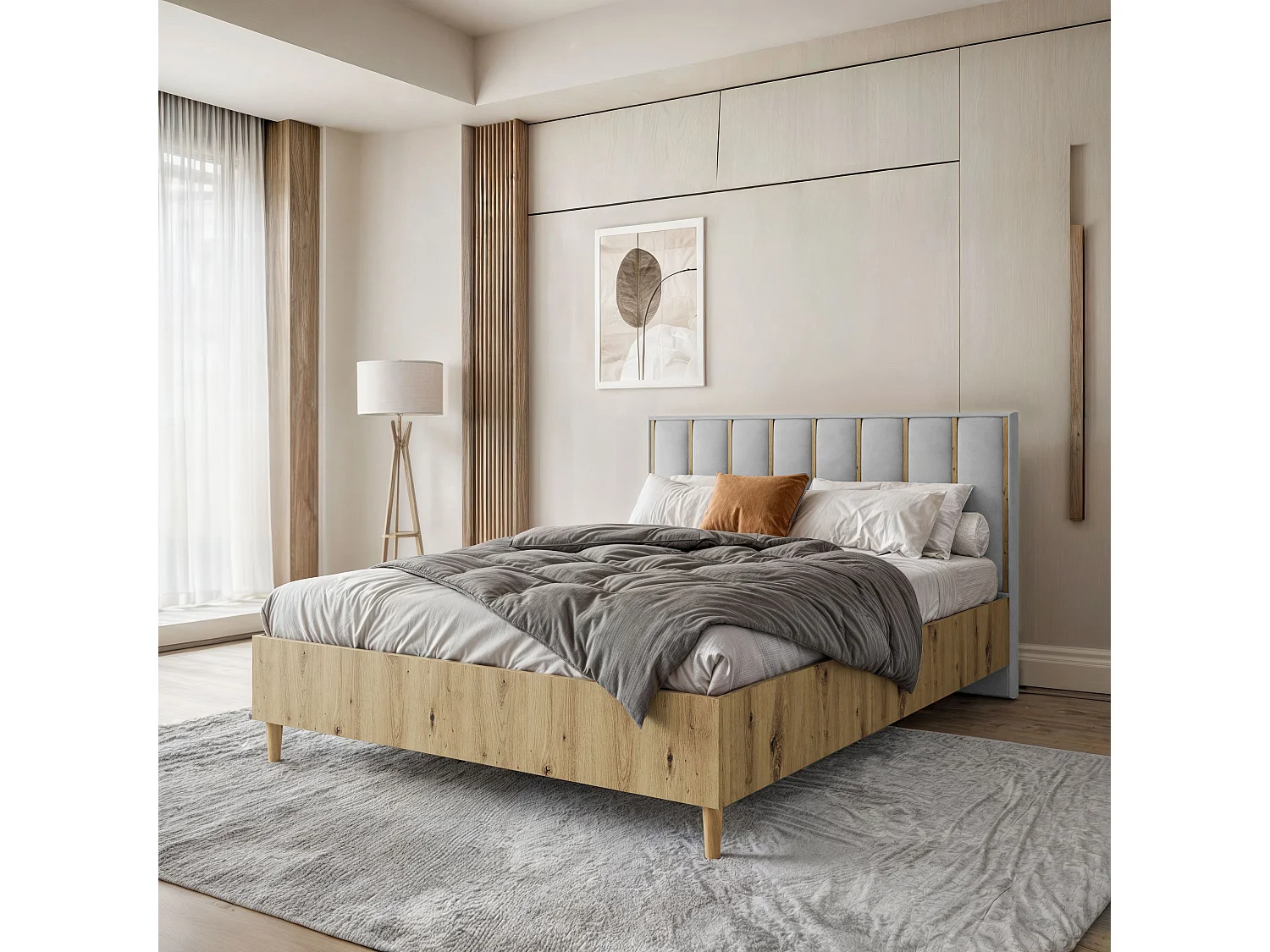 Doppelbett Luk I 160 x 200 cm ohne Matratze Bett mit Lattenrost Jugendbett Kopfteil mit Bettkasten ohne Nachttisch (Eiche artisan, Jasmine 90 - grau)