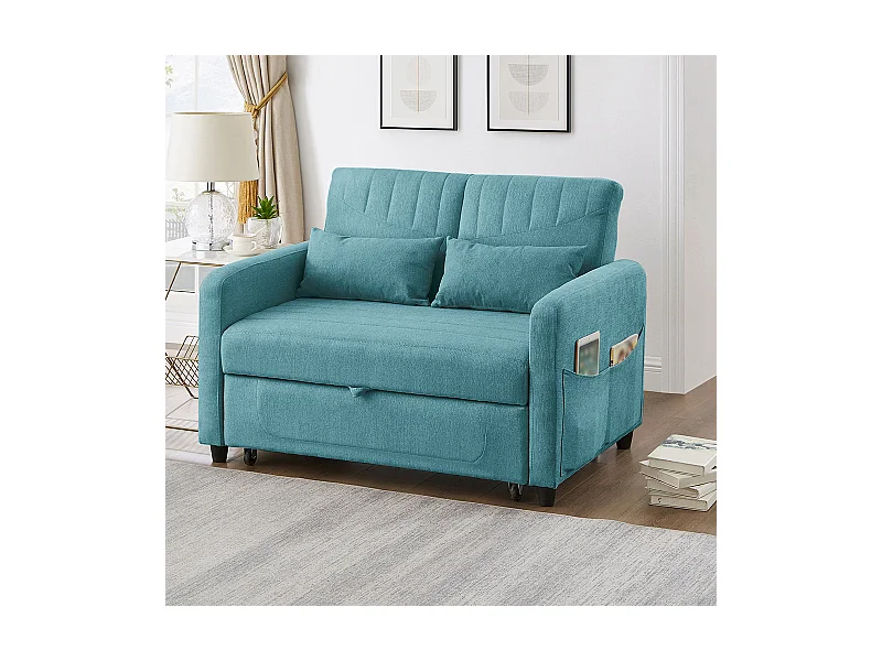 Opklapbare slaapbank voor twee personen, opklapbaar, verstelbare rugleuning, stof van katoen en linnen, groen-blauw