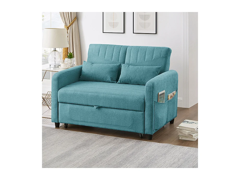 Canapé double pliant, design pliant, dossier réglable, tissu coton et lin, couleur bleu vert