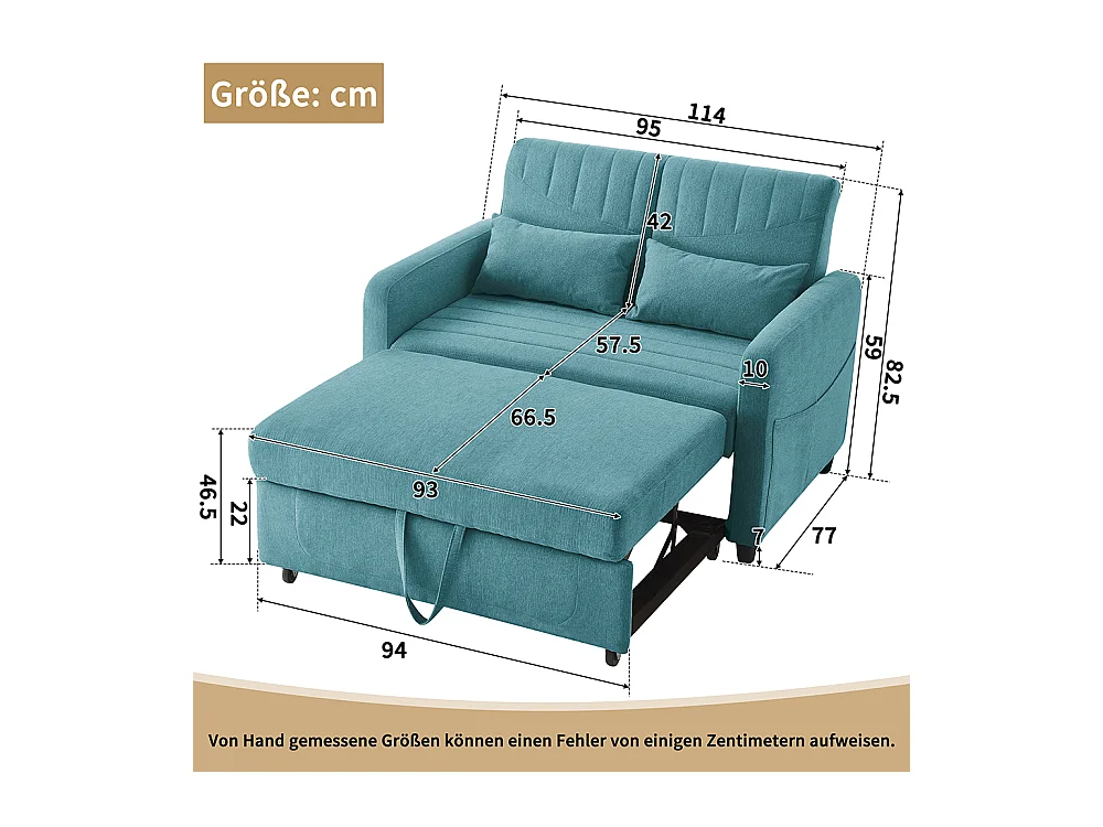 Canapé double pliant, design pliant, dossier réglable, tissu coton et lin, couleur bleu vert