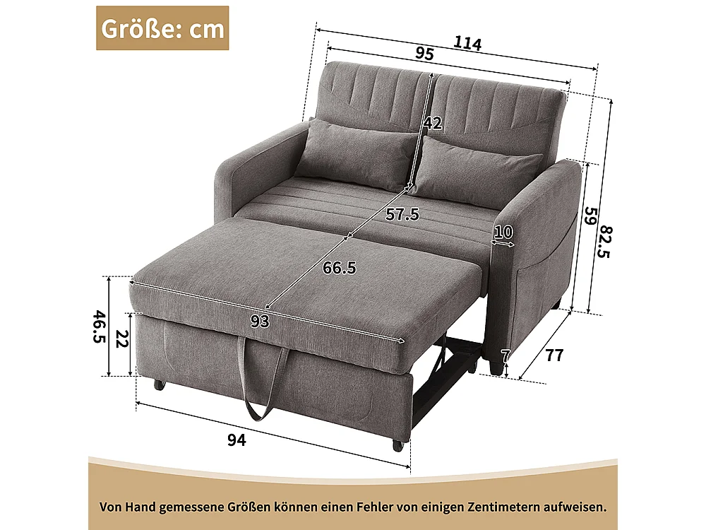 Canapé double pliant, design pliant, dossier réglable, tissu coton et lin,gris