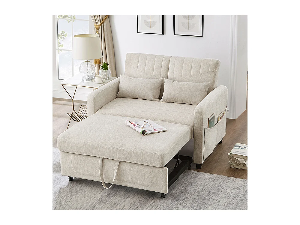 Canapé pliant deux places, design escamotable, dossier réglable, tissu coton et lin,beige