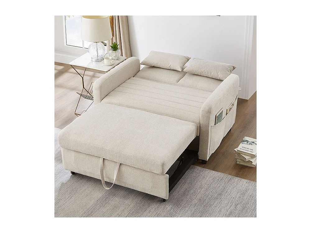 Canapé pliant deux places, design escamotable, dossier réglable, tissu coton et lin,beige