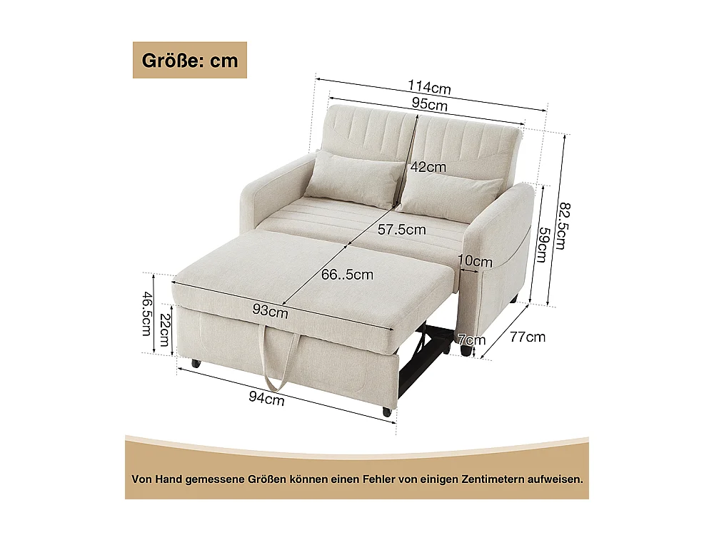 Canapé pliant deux places, design escamotable, dossier réglable, tissu coton et lin,beige