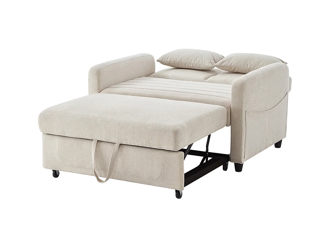 Canapé pliant deux places, design escamotable, dossier réglable, tissu coton et lin,beige