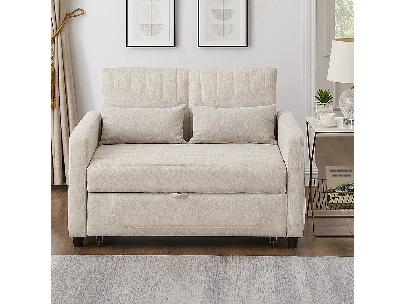 Canapé pliant deux places, design escamotable, dossier réglable, tissu coton et lin,beige