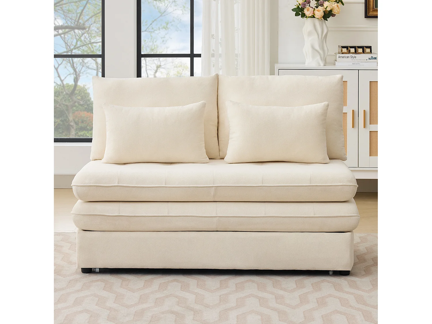 Canapé double, canapé-lit, tissu chenille, coussins épais, coffre de rangement extractible, beige