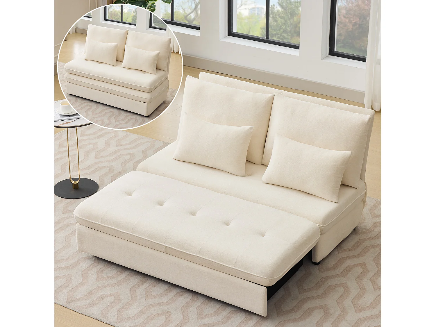 Canapé double, canapé-lit, tissu chenille, coussins épais, coffre de rangement extractible, beige