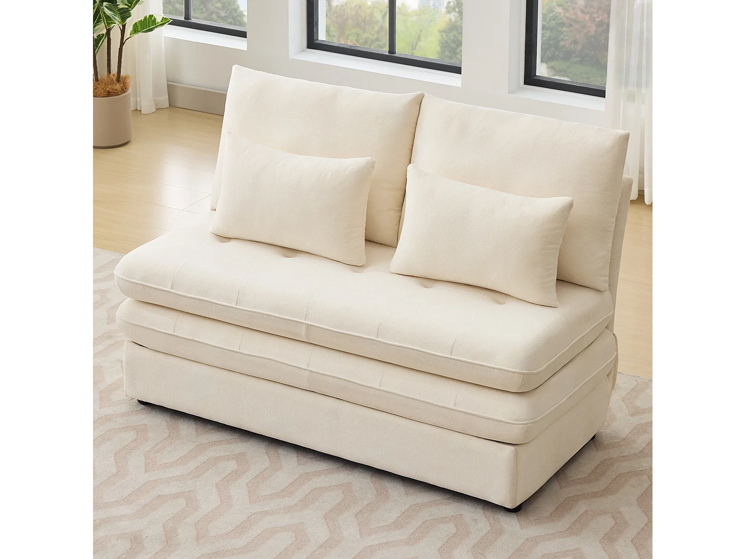 Canapé double, canapé-lit, tissu chenille, coussins épais, coffre de rangement extractible, beige