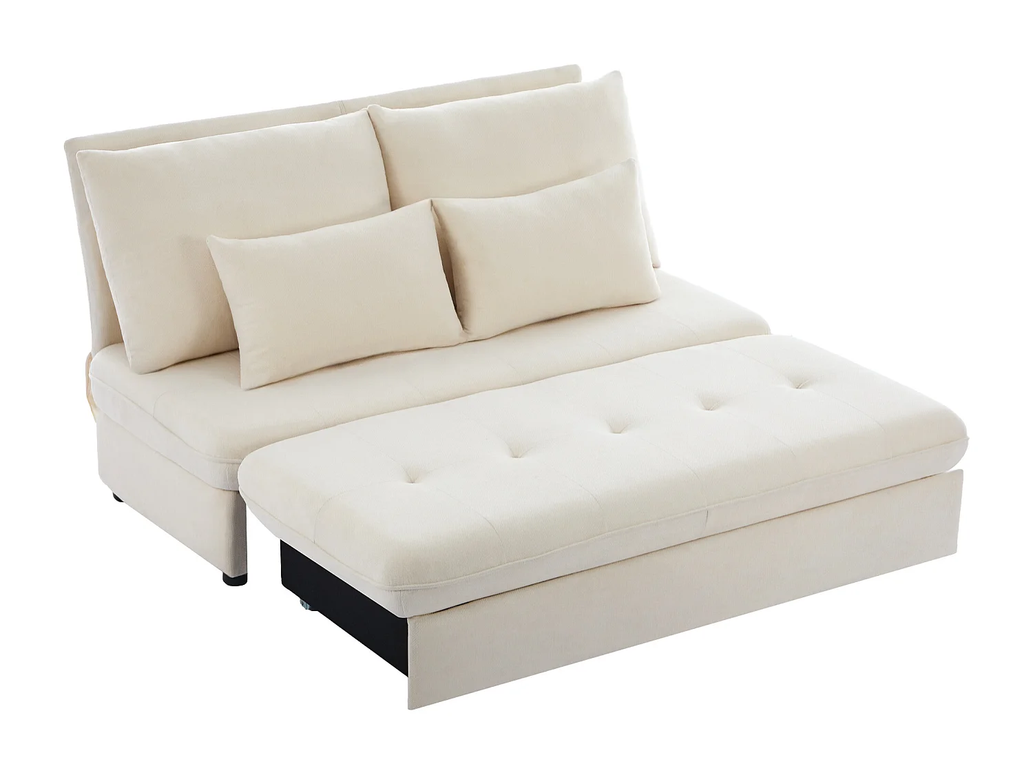 Canapé double, canapé-lit, tissu chenille, coussins épais, coffre de rangement extractible, beige