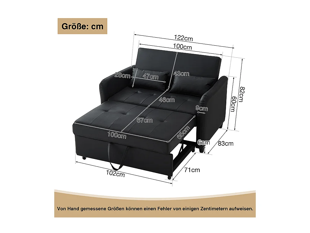 Canapé-lit extensible à deux places, dossier réglable, matériau PU imperméable, noir