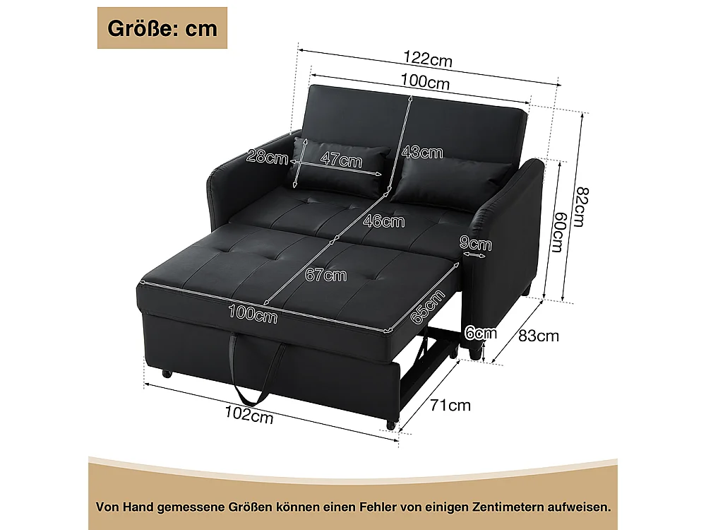 Canapé-lit extensible à deux places, dossier réglable, matériau PU imperméable, noir