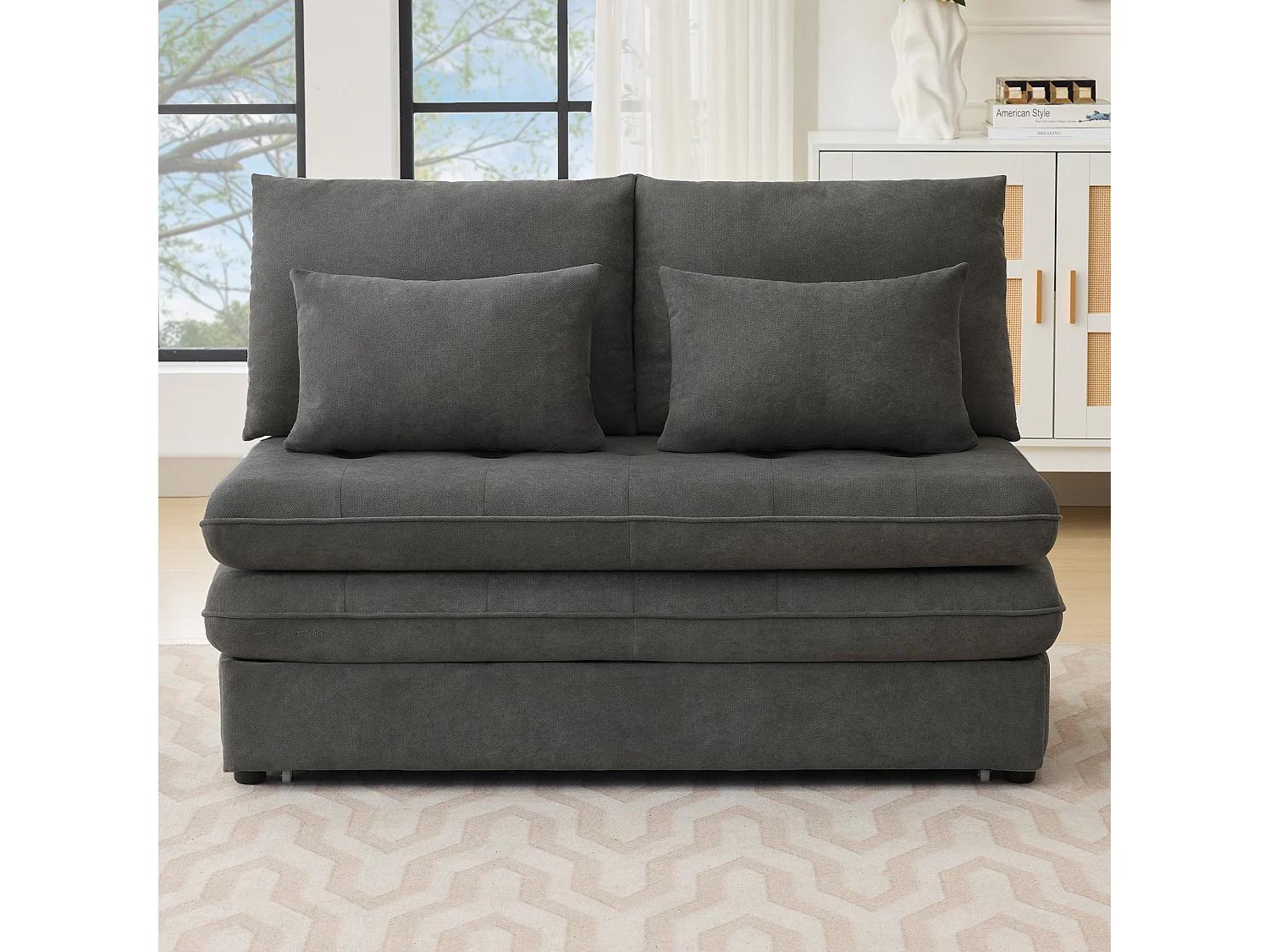 Sofá duplo, sofá-cama, tecido chenille, almofadas grossas, caixa de arrumação extraível, cinzento