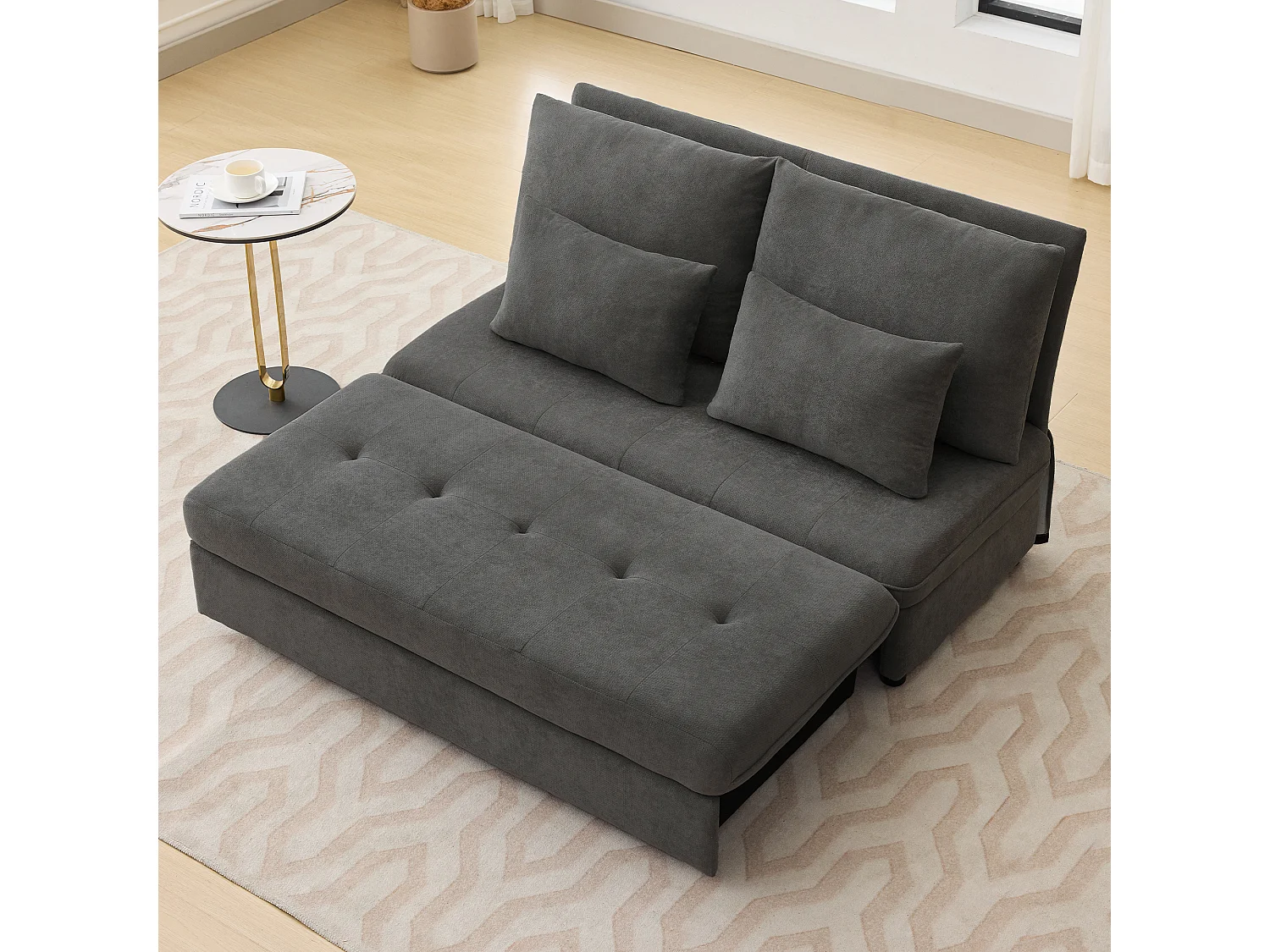 Sofá duplo, sofá-cama, tecido chenille, almofadas grossas, caixa de arrumação extraível, cinzento
