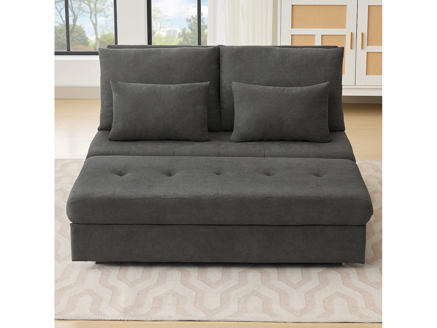 Sofá duplo, sofá-cama, tecido chenille, almofadas grossas, caixa de arrumação extraível, cinzento