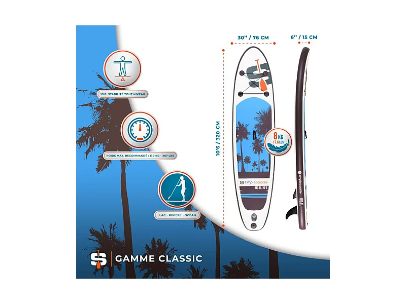 Paddle Gonflable UGAL 10'6 30'' 6" (315 x 76 x 15 cm) avec Pagaie, Leash, Pompe et Sac de Transport