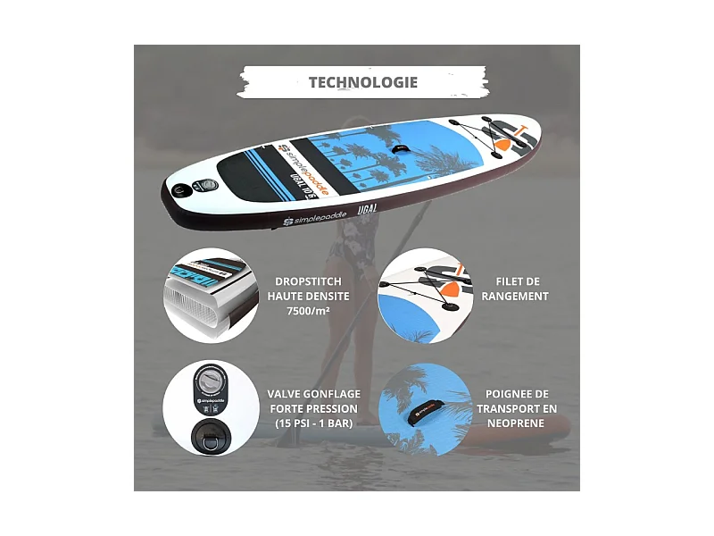 Paddle Gonflable UGAL 10'6 30'' 6" (315 x 76 x 15 cm) avec Pagaie, Leash, Pompe et Sac de Transport