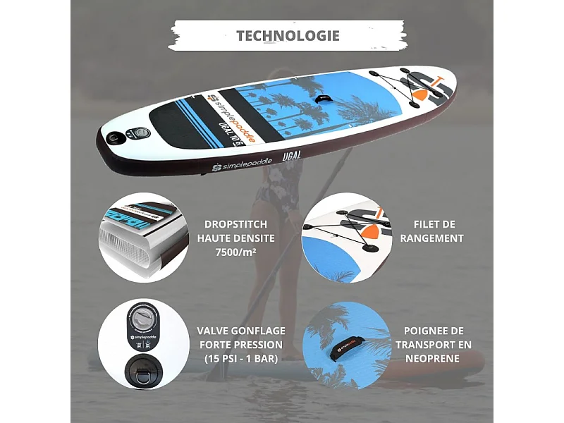 Paddle Gonflable UGAL 10'6 30'' 6" (315 x 76 x 15 cm) avec Pagaie, Leash, Pompe et Sac de Transport