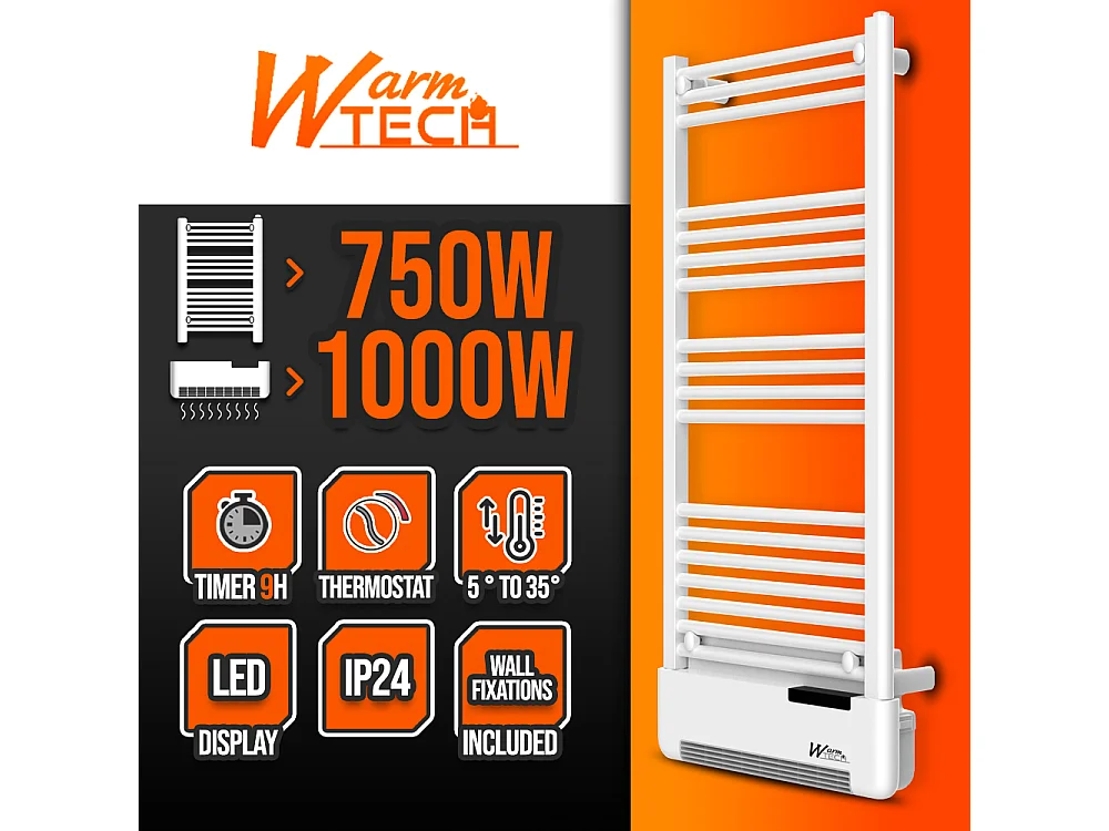 Radiateur sèche serviettes avec fluide 750W + soufflerie 1000W - Warm Tech