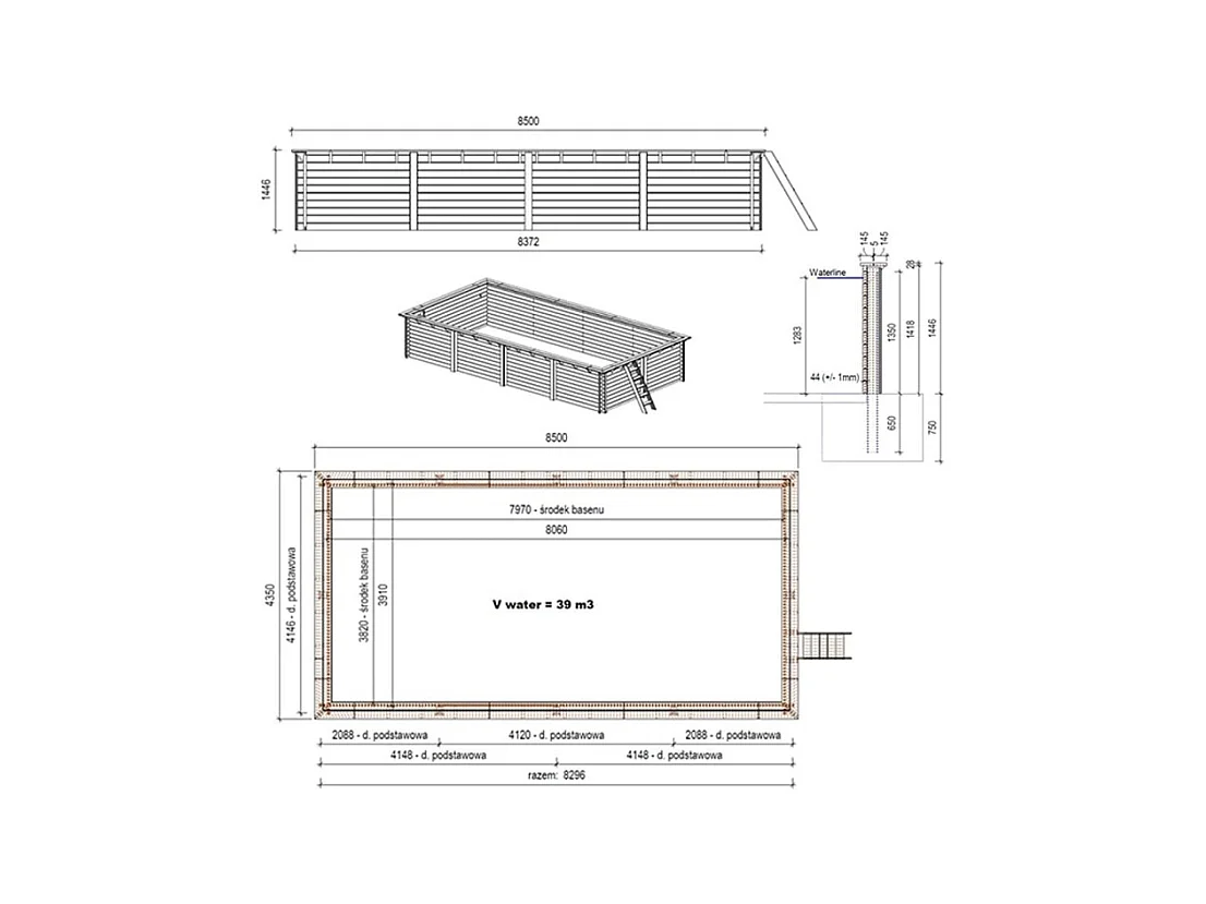 Piscina in legno Aqua 8.5x4.35 - H.1.45 m fissate su calcestruzzo esistente - BAS7309OSPL - ALTANKA