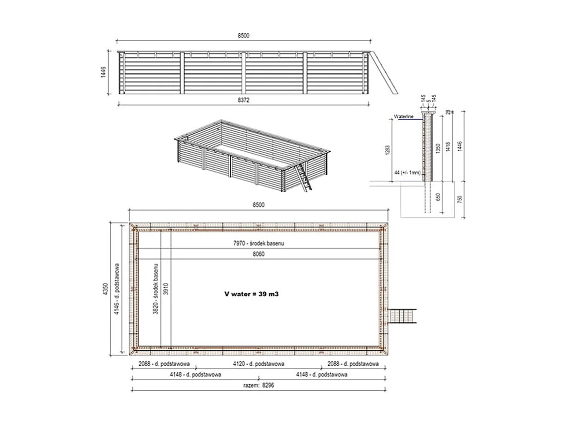 Piscina in legno Aqua 8.5x4.35 - H.1.45 m fissate su calcestruzzo esistente - BAS7309OSPL - ALTANKA