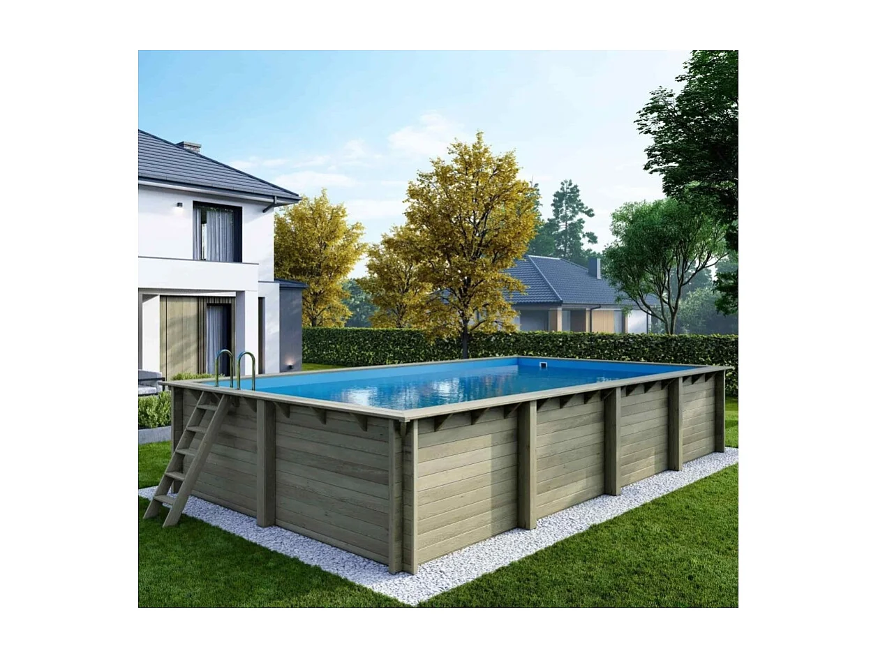 Piscina in legno AQUA 8.5 x 4.35 - H.1.45 m, azzurro chiaro, con supporti fissati al calcestruzzo - BAS7309OSPL - ALTANKA