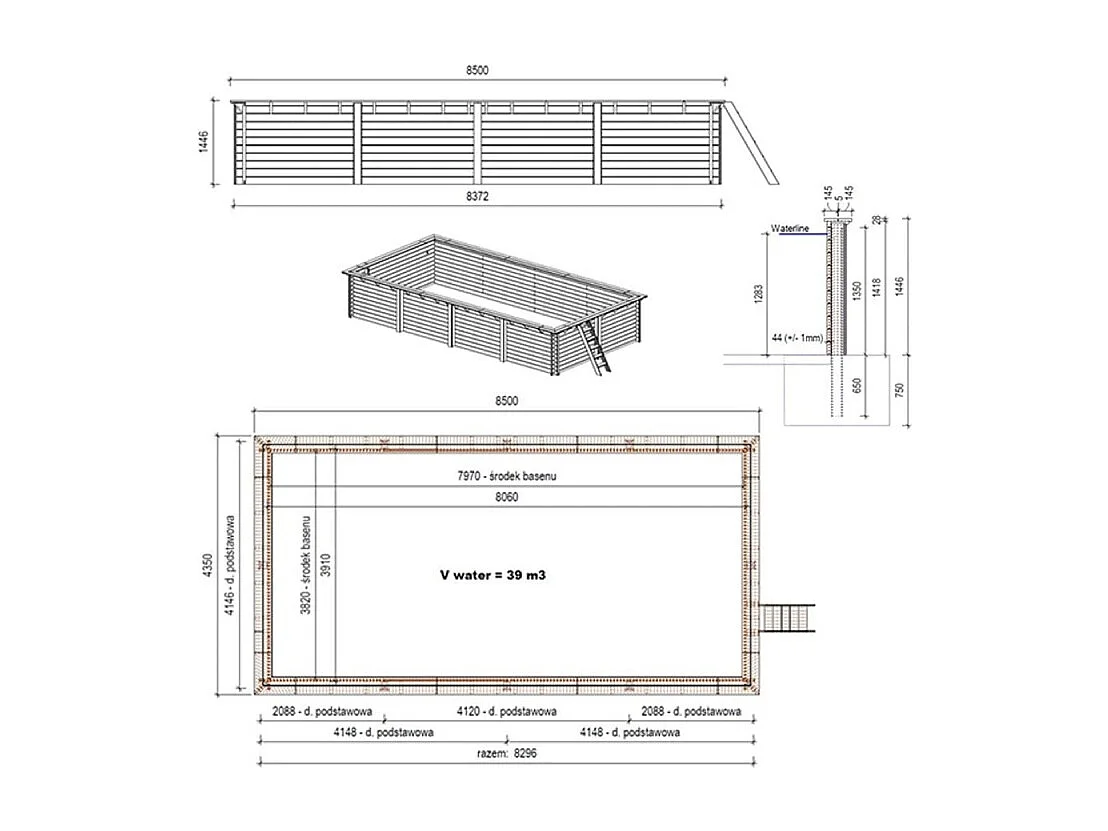 Piscina in legno AQUA 8.5 x 4.35 - H.1.45 m, azzurro chiaro, con supporti fissati al calcestruzzo - BAS7309OSPL - ALTANKA