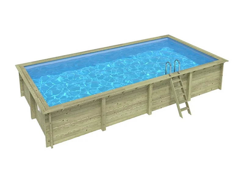 Piscina in legno AQUA 8.5 x 4.35 - H.1.45 m, azzurro chiaro, con supporti fissati al calcestruzzo - BAS7309OSPL - ALTANKA