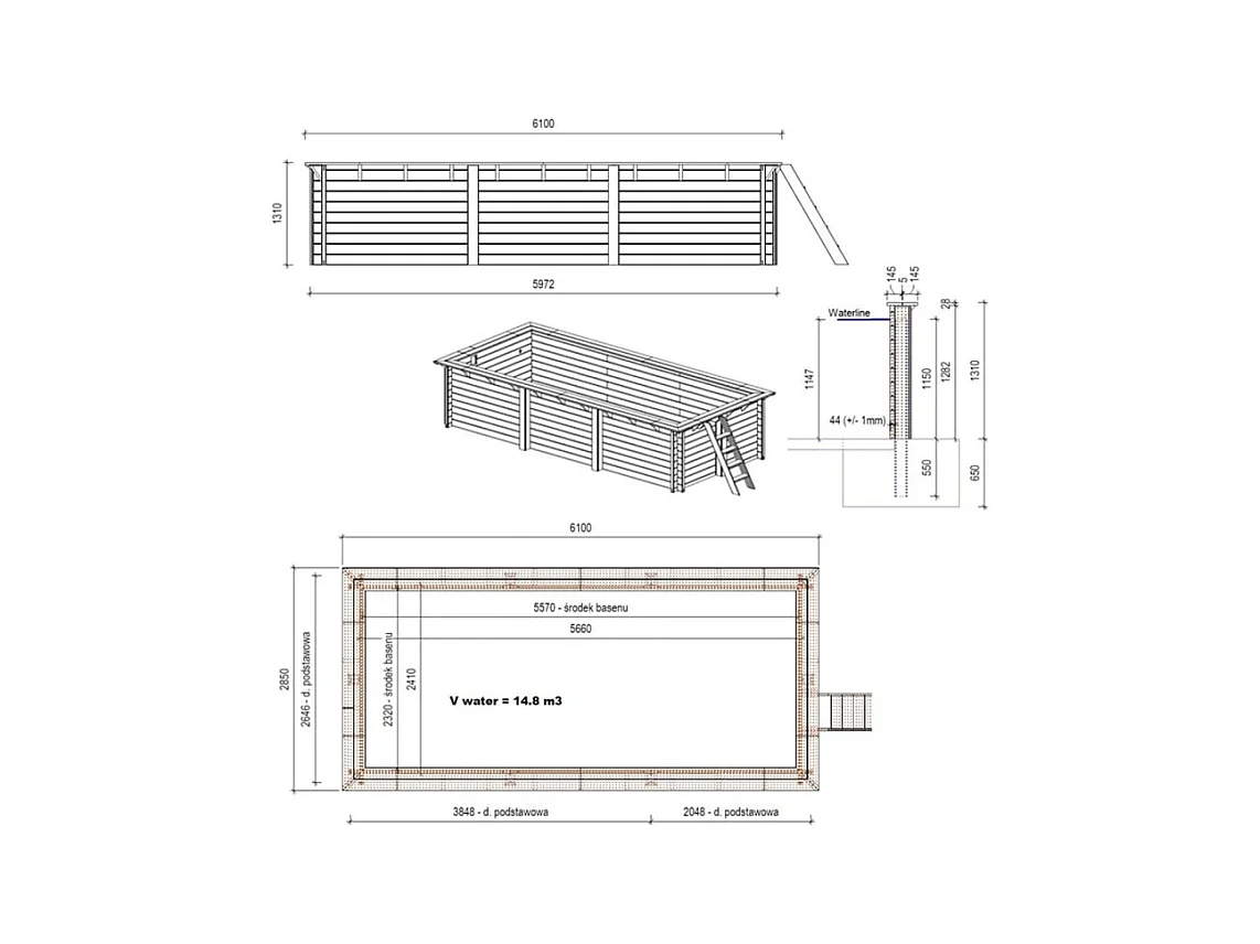 Piscine en bois Aqua 6.1x2.85 - H.1.31 m cadre en métal, sans dalle béton - BAS7307OSPU - ALTANKA
