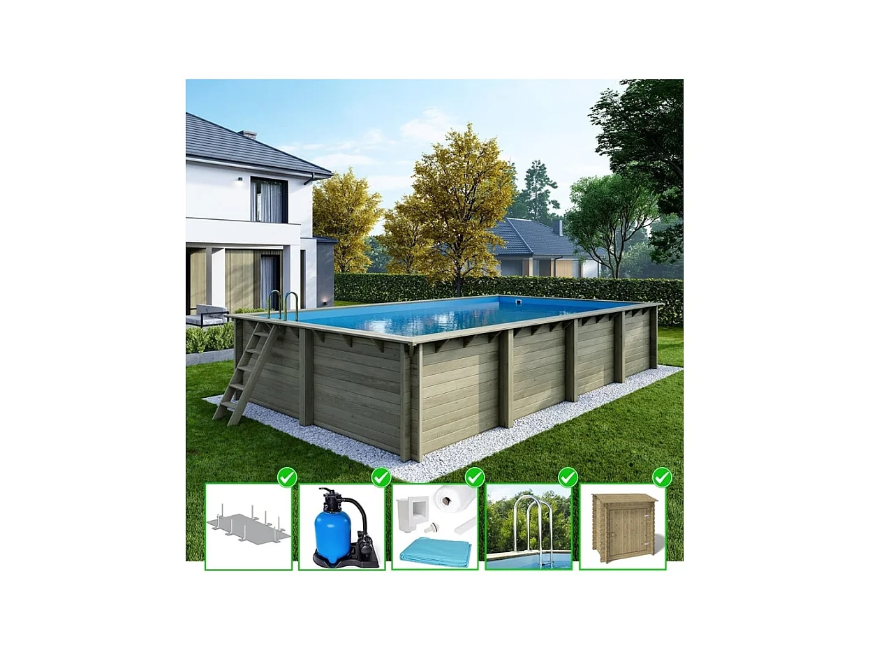 Piscine en bois Aqua 8,5x4,35 - H.1,45 m fixations à visser - BAS7309OSPL+SZA - ALTANKA