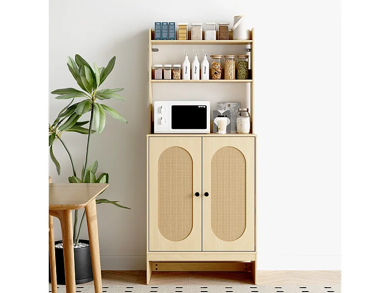 Buffet Haut de Cuisine avec Plan de Travail, Meuble de Rangement avec 2 Portes et Étagères, 70 x 37 x 165cm, Naturel