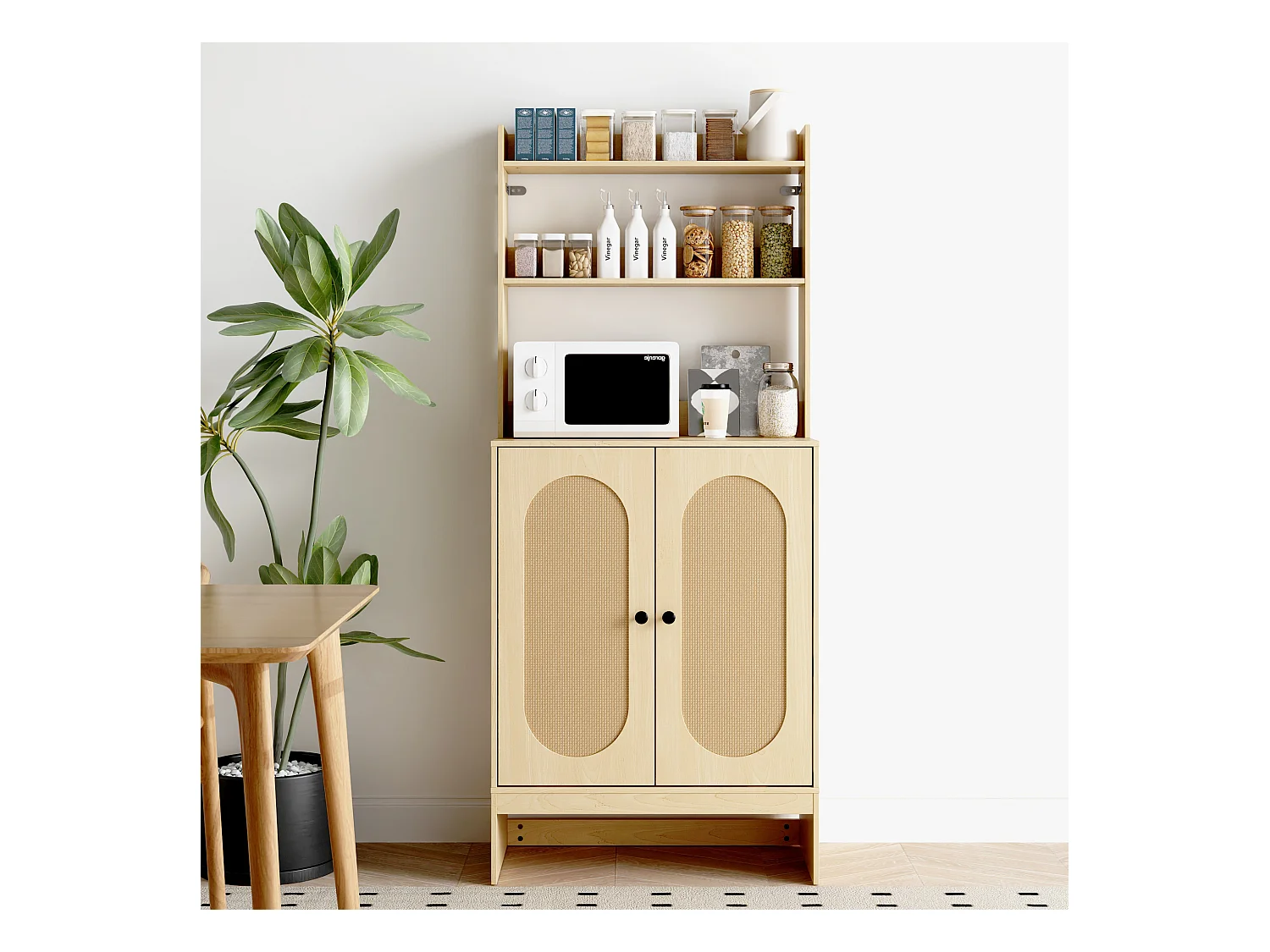 Buffet Haut de Cuisine avec Plan de Travail, Meuble de Rangement avec 2 Portes et Étagères, 70 x 37 x 165cm, Naturel