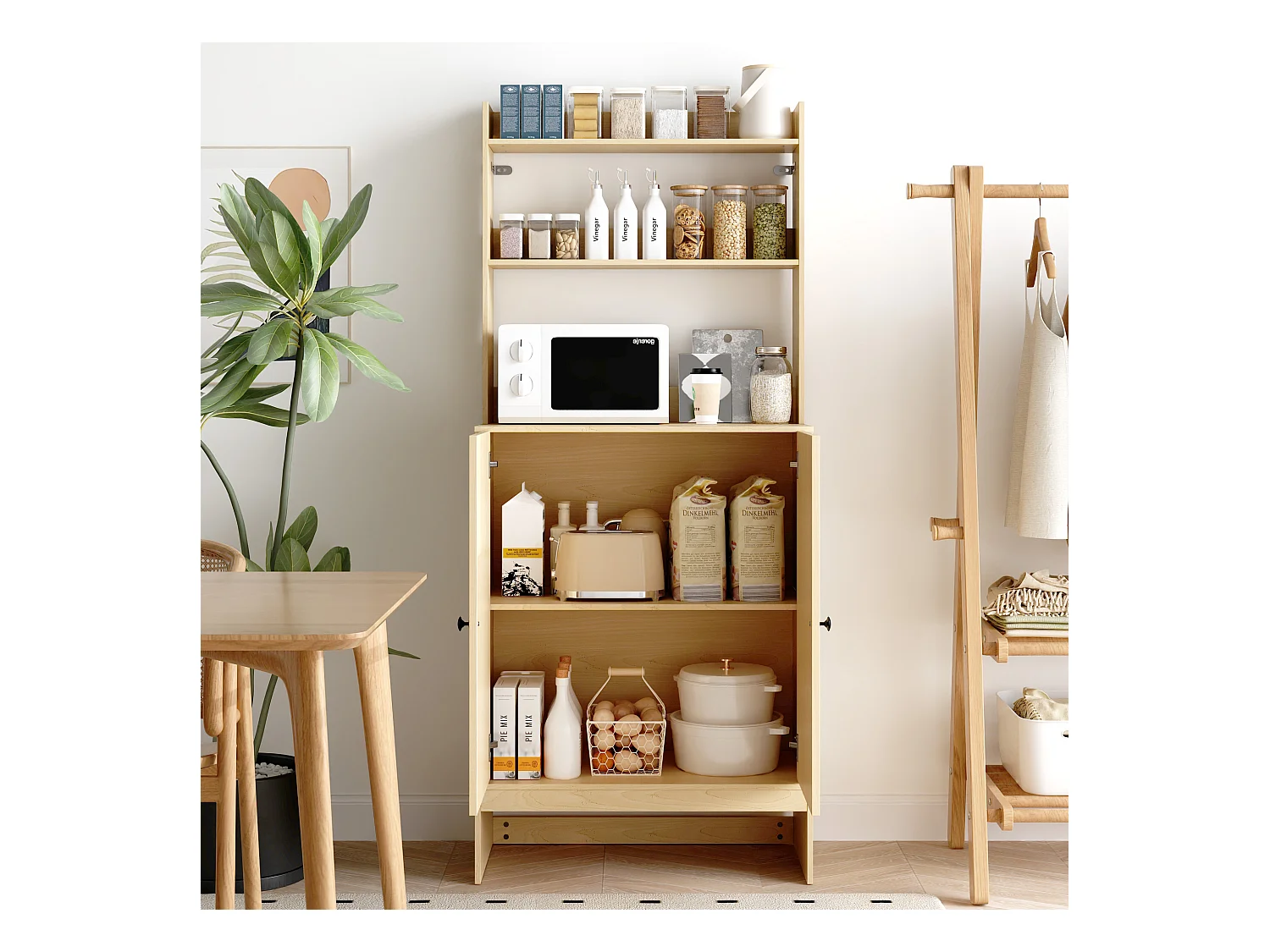 Buffet Haut de Cuisine avec Plan de Travail, Meuble de Rangement avec 2 Portes et Étagères, 70 x 37 x 165cm, Naturel