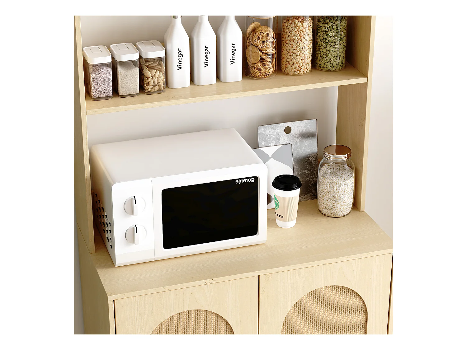 Buffet Haut de Cuisine avec Plan de Travail, Meuble de Rangement avec 2 Portes et Étagères, 70 x 37 x 165cm, Naturel