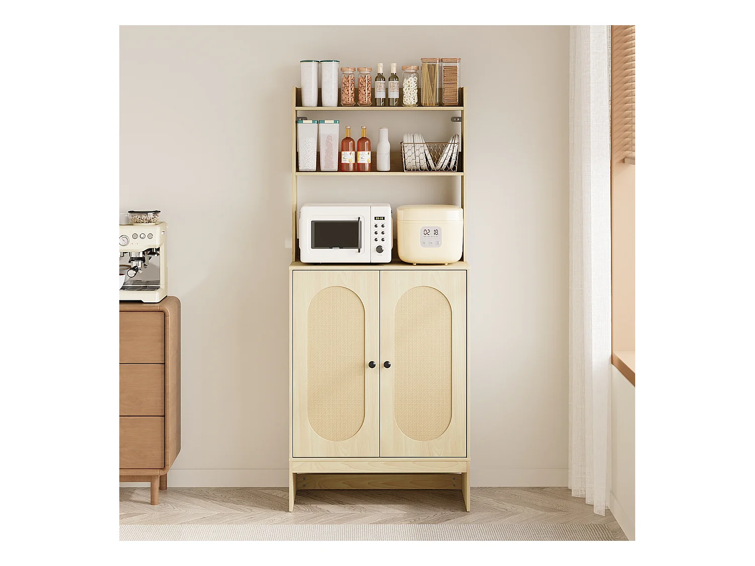 Buffet Haut de Cuisine avec Plan de Travail, Meuble de Rangement avec 2 Portes et Étagères, 70 x 37 x 165cm, Naturel