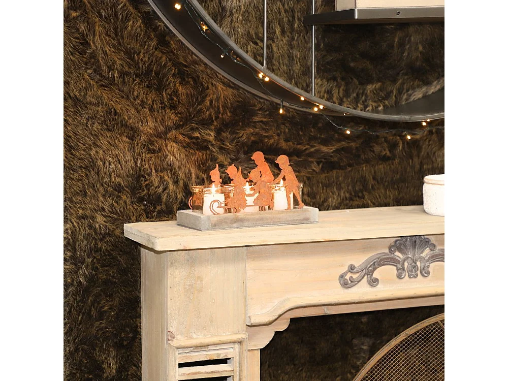 Photophore en bois, métal et verre marron 27 x 11.5 x 14 cm