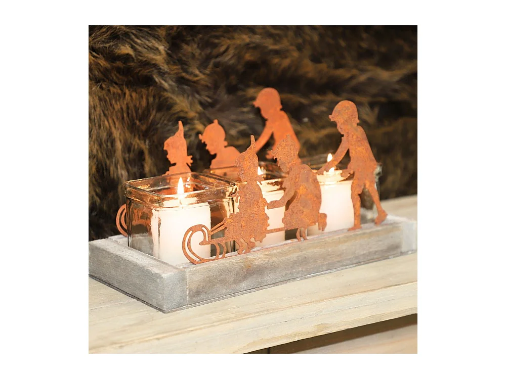 Photophore en bois, métal et verre marron 27 x 11.5 x 14 cm