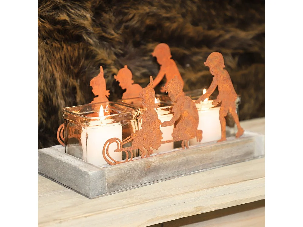 Photophore en bois, métal et verre marron 27 x 11.5 x 14 cm