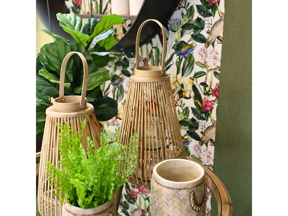 Lanterne jardin extérieur à poser bougie ancienne rotin naturel 46cm