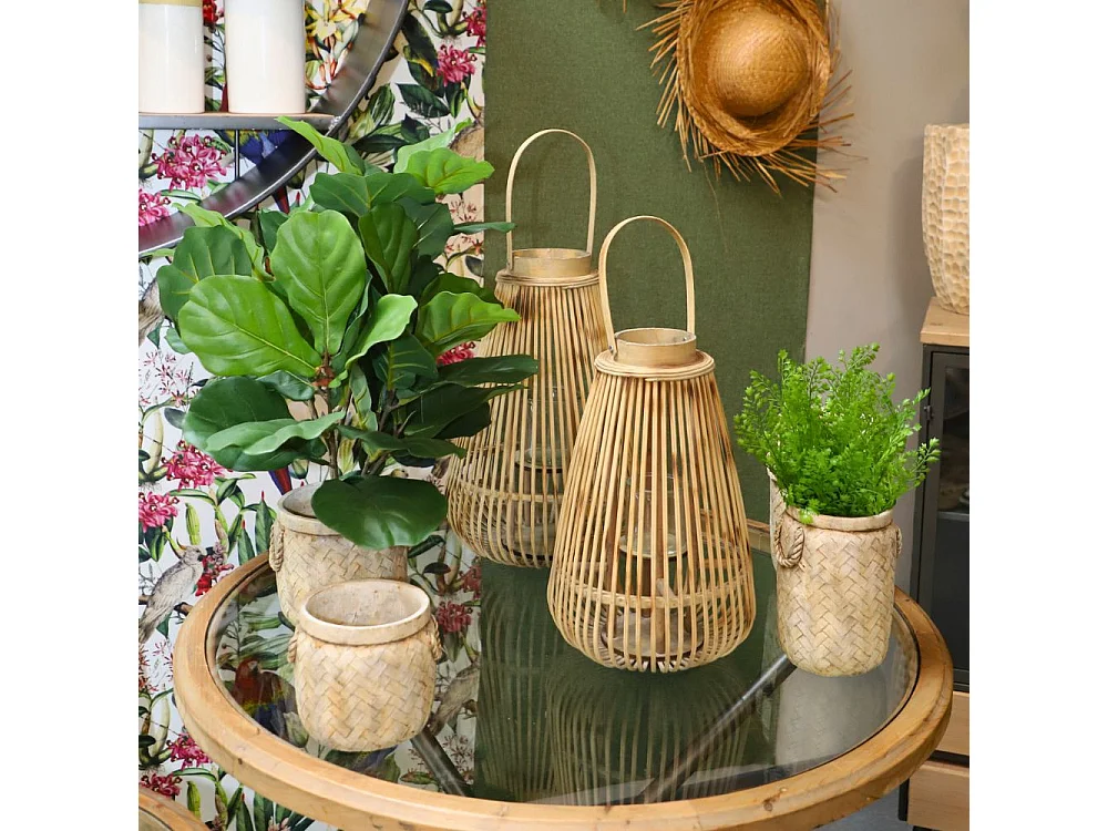 Lanterne jardin extérieur à poser bougie ancienne rotin naturel 46cm