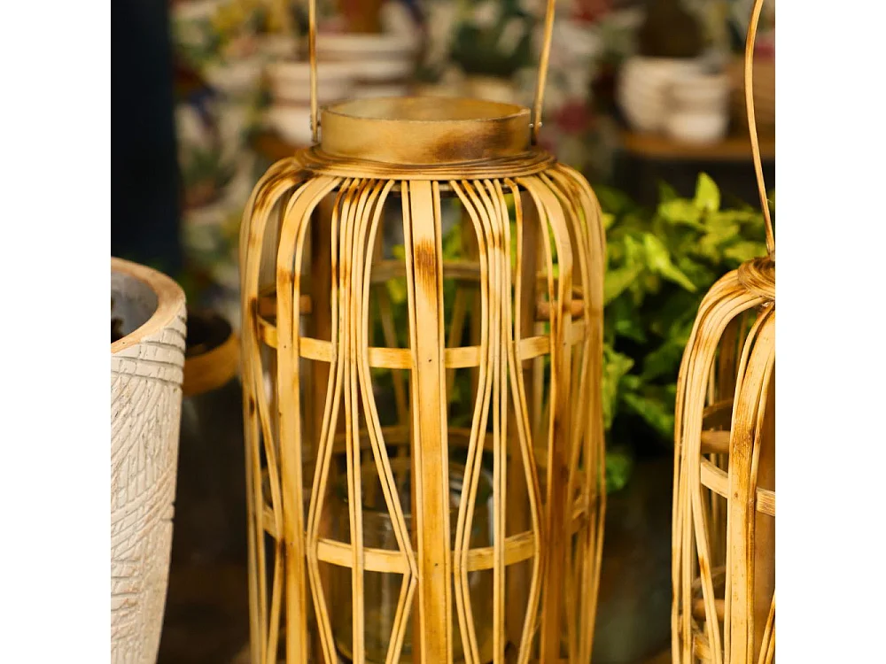 Lanterne jardin extérieur à poser bougie ancienne rotin naturel 49cm