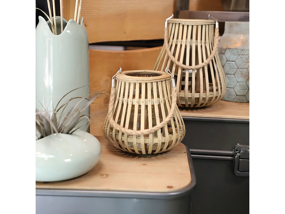 Lanterne jardin extérieur à poser bougie ancienne rotin naturel 20cm