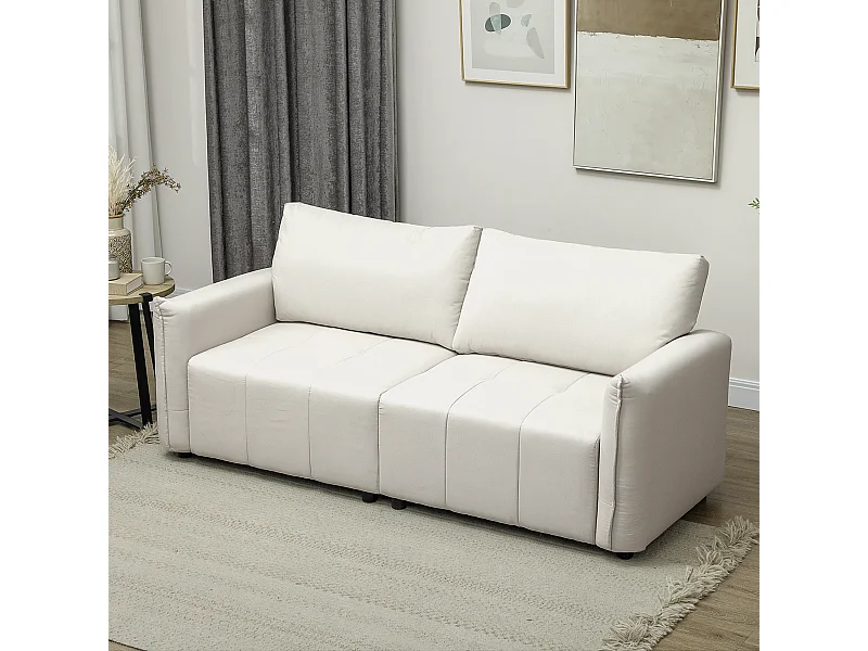 Canapé 3 places assise effet capitonné - dim. 196 x 80 x 84 cm - piètement noir tissu toucher lin blanc cassé