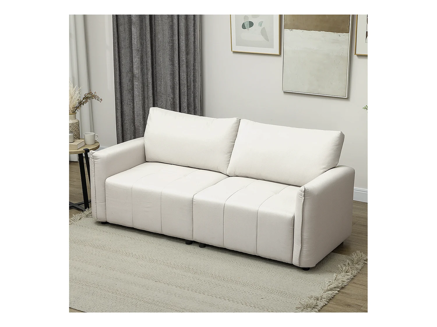 Canapé 3 places assise effet capitonné - dim. 196 x 80 x 84 cm - piètement noir tissu toucher lin blanc cassé