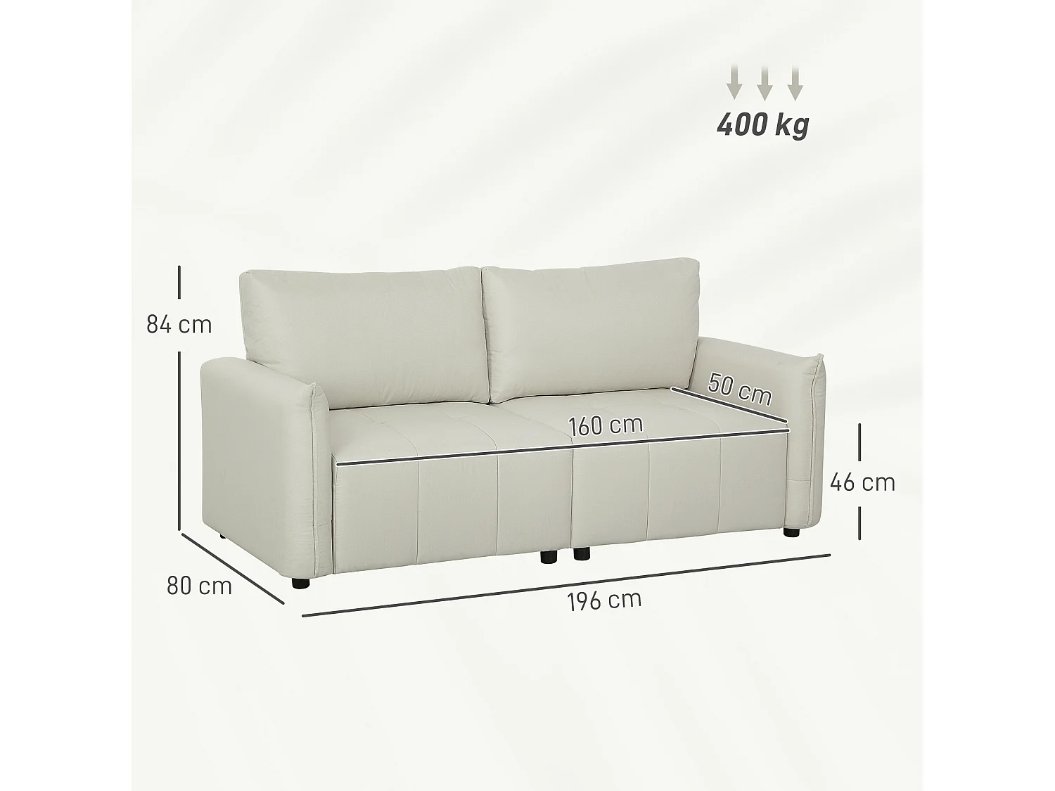 Canapé 3 places assise effet capitonné - dim. 196 x 80 x 84 cm - piètement noir tissu toucher lin blanc cassé