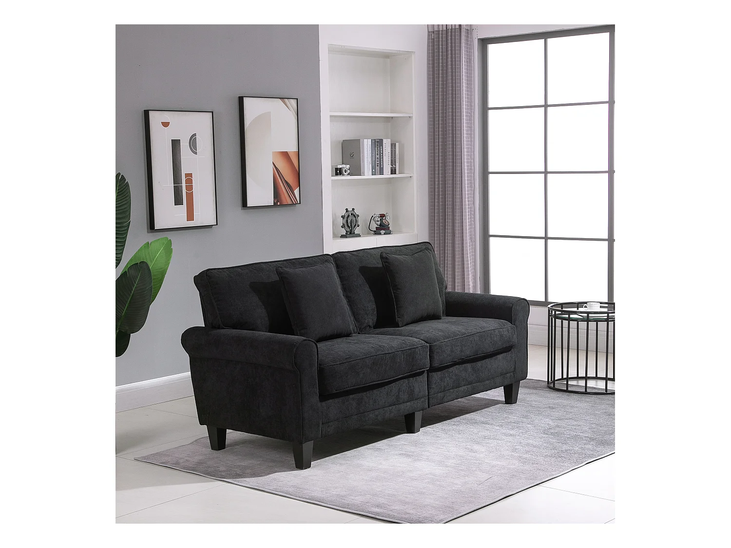 Canapé 3 places dim. 197L x 84P x 90H cm coussin déco. inclus pieds bois massif pin tissu aspect velours côtelé noir