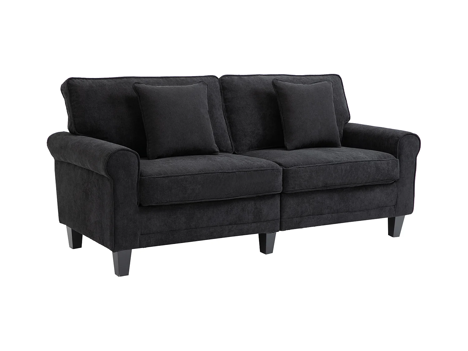 Canapé 3 places dim. 197L x 84P x 90H cm coussin déco. inclus pieds bois massif pin tissu aspect velours côtelé noir